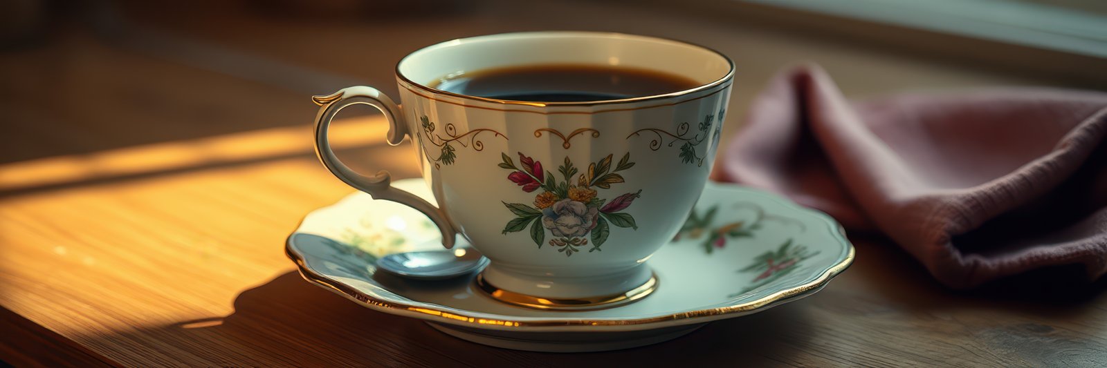 Elegant tea cup filled with rich coffee sits on a wooden table in soft morning light